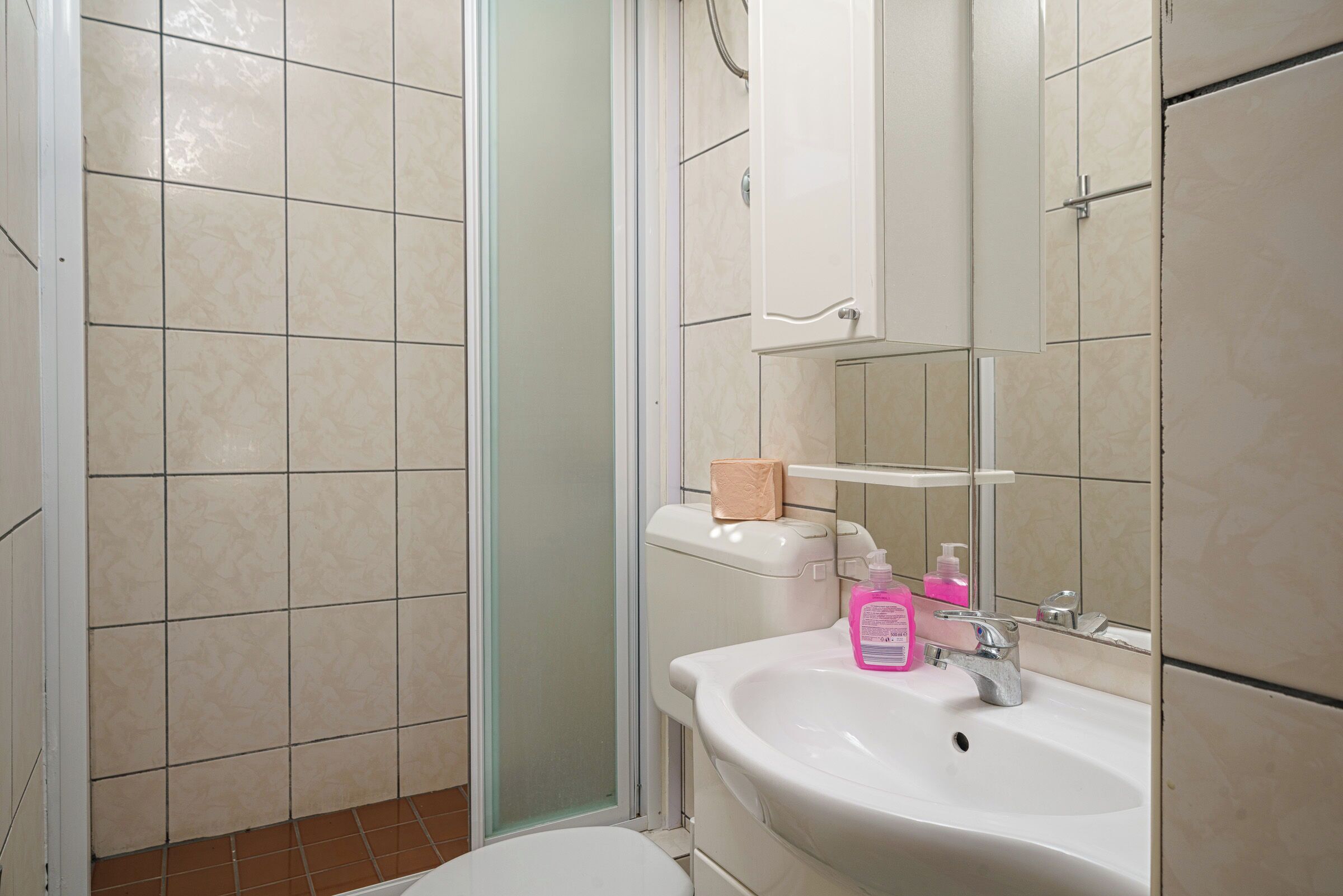 A bathroom with a shower, toilet, sink, and mirror.