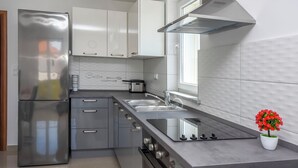 Een moderne keuken met roestvrijstalen apparatuur, een inbouwoven en een spoelbak.