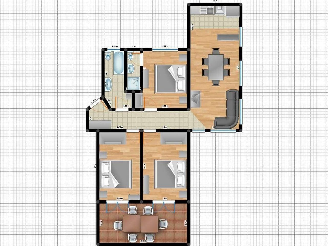 Un plan d’étage d’un hôtel comprenant une salle de bain, un coin repas et deux chambres.