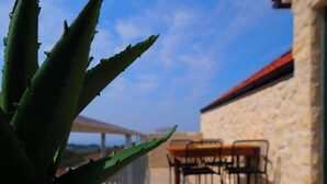 A potted plant on a balcony with a stone wall and a table with chairs. - House Natalija (Primosten)