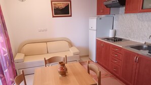 Ett kompakt kök med kylskåp, spis och diskho. Det finns ett träbord med stolar och en liten vas på bordet. En soffa står längs väggen och en matta ligger på golvet.