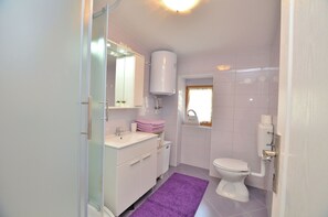 Une salle de bain avec un lavabo blanc, un miroir et des toilettes, un tapis violet et une porte de douche.