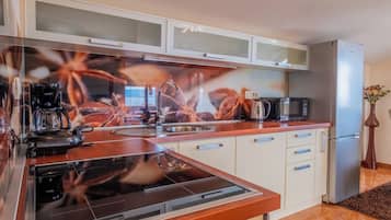 Apartment (A3) | Private kitchen | Fridge, microwave, oven, stovetop