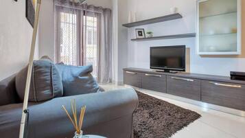 Un soggiorno moderno con un divano grigio, una televisione a schermo piatto e un tappeto scuro.