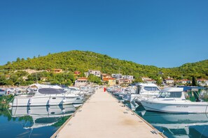 A marina with boats docked, a clear sky, and a hillside with buildings in the background. - House Trget (Rasa)