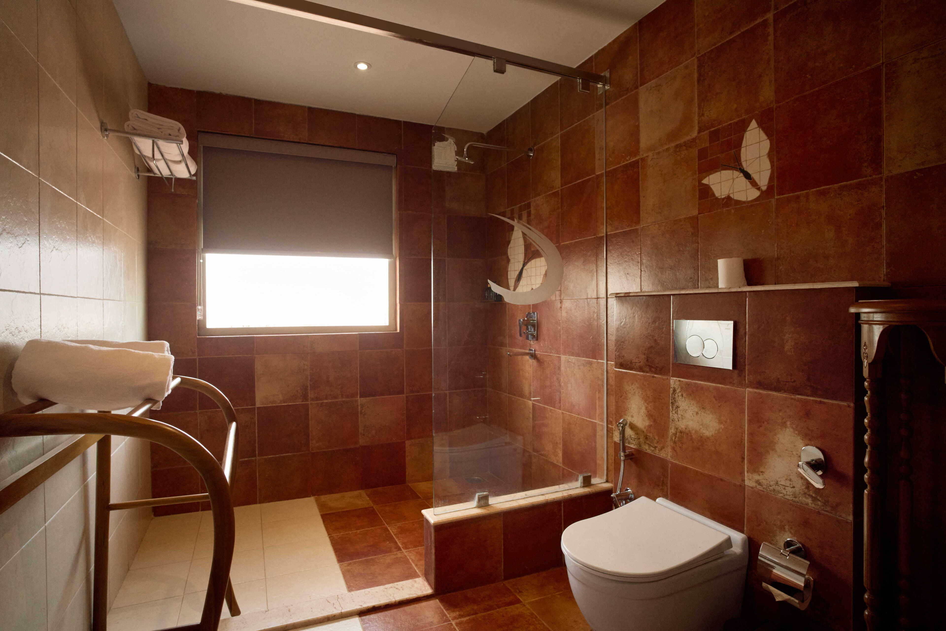 A bathroom with a glass shower enclosure, a white toilet, and a towel rack.