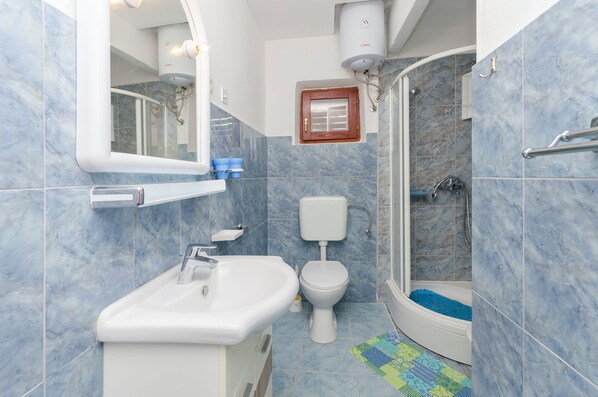 Une salle de bain avec un lavabo, des toilettes et une douche.