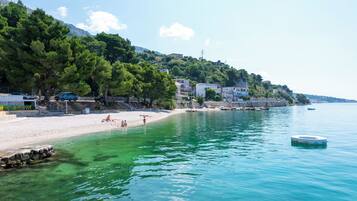 A coastal beach with clear turquoise water, a sandy shore, and buildings on a hillside.