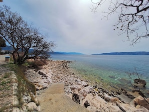 A rocky shoreline with clear water, a tree, and distant mountains. - Apartment Sandra (Novi Vinodolski)