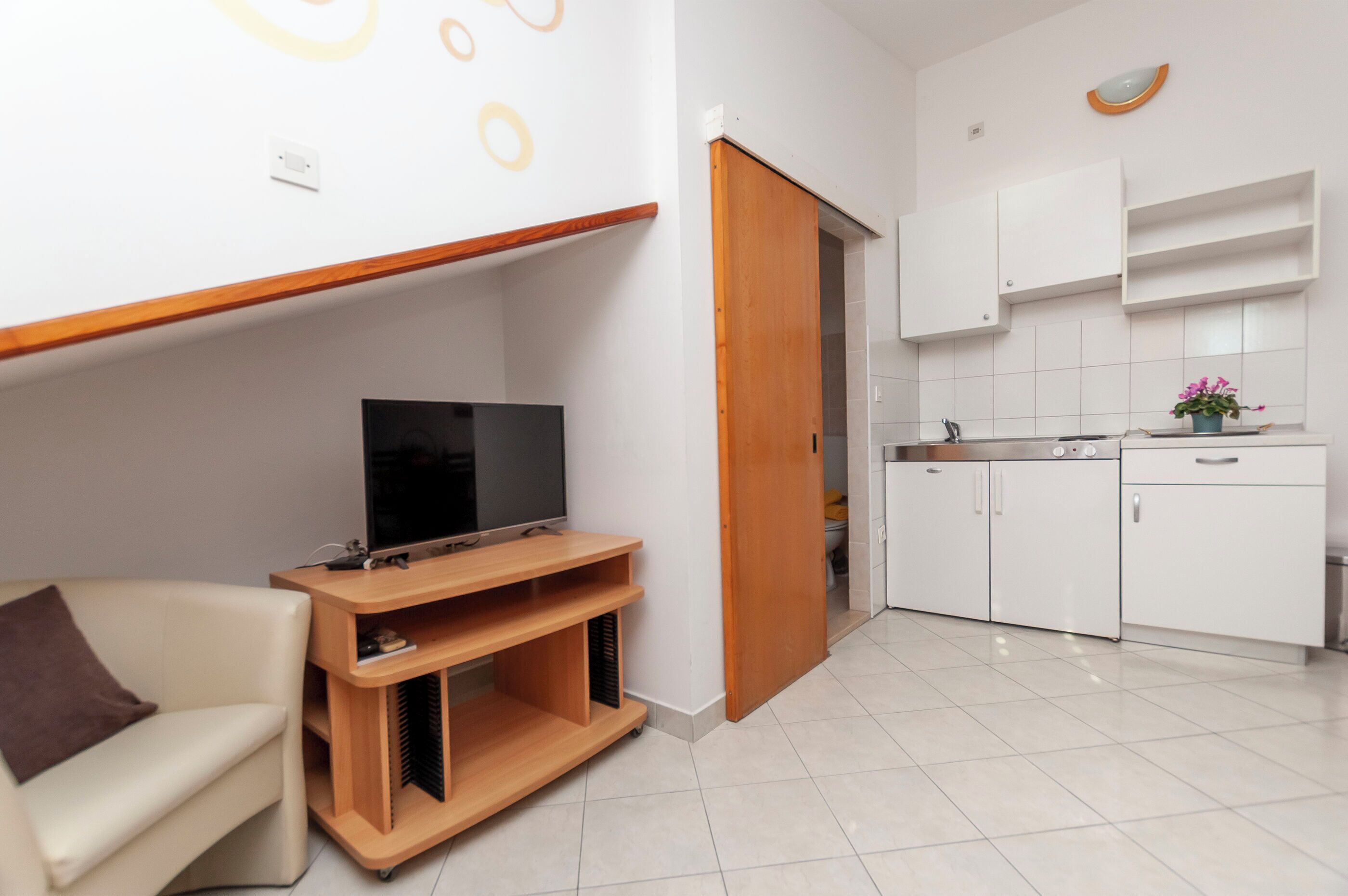 A compact living space with a flat-screen TV on a wooden stand, a sofa, a kitchen area with white cabinets, and a small potted plant.