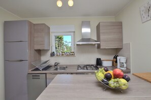 A modern kitchen with a dishwasher, sink, stove, and a fruit bowl on the counter. - Apartment Hill (Moscenicka Draga)