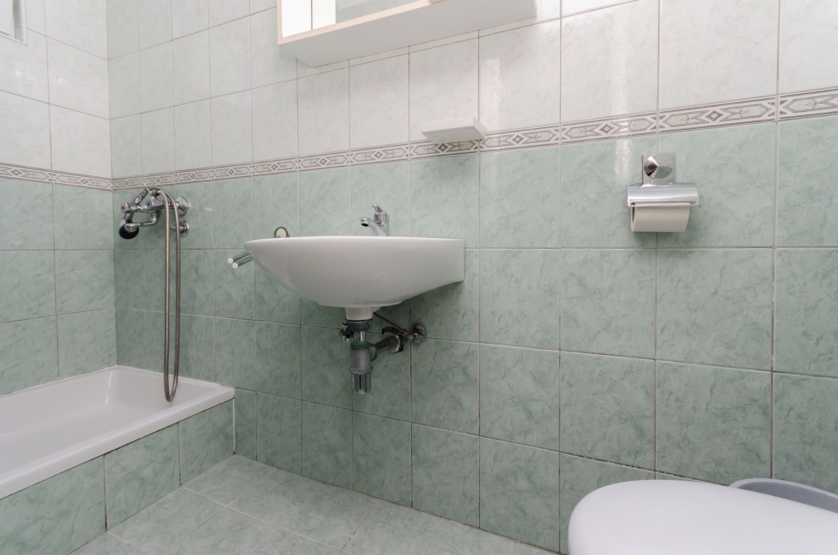 Une salle de bain avec un lavabo, une douche et des toilettes.