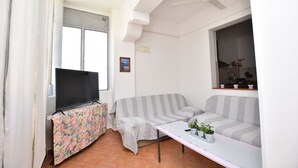 A living room with a sofa, a television on a stand, a small table with potted plants, and a window with curtains. - House Periska (Pasman)
