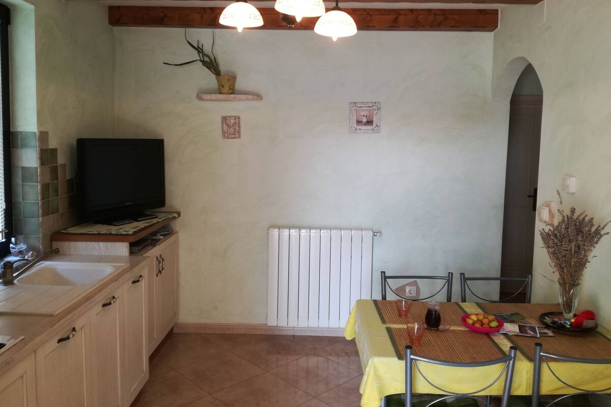 A kitchen with a tiled backsplash, wooden cabinets, a built-in TV, a dining table with chairs, and a radiator.