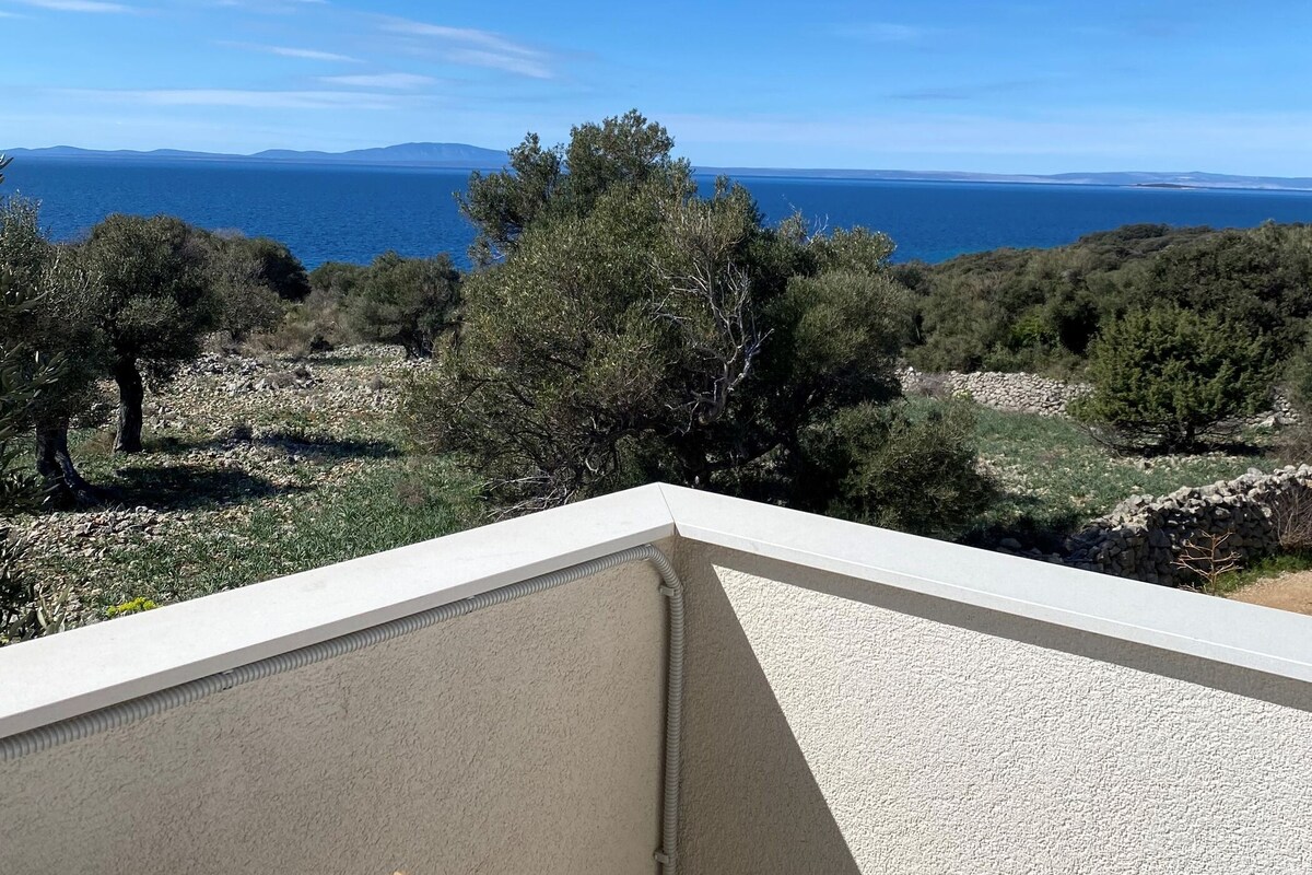 Ein Balkon mit Blick auf das Meer und Olivenbäume.