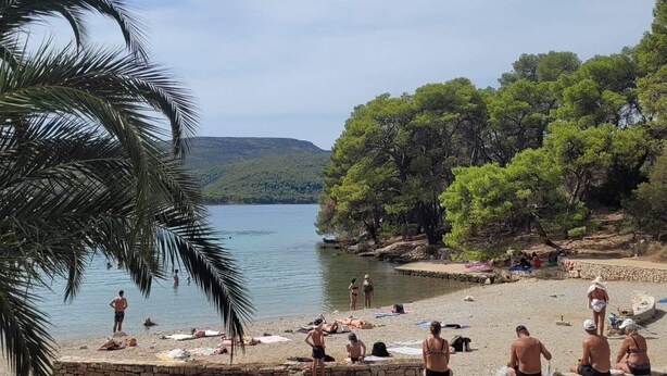 A beach with people sunbathing and swimming, surrounded by trees and a clear sky. - Apartments Hvaranin (Stari Grad)