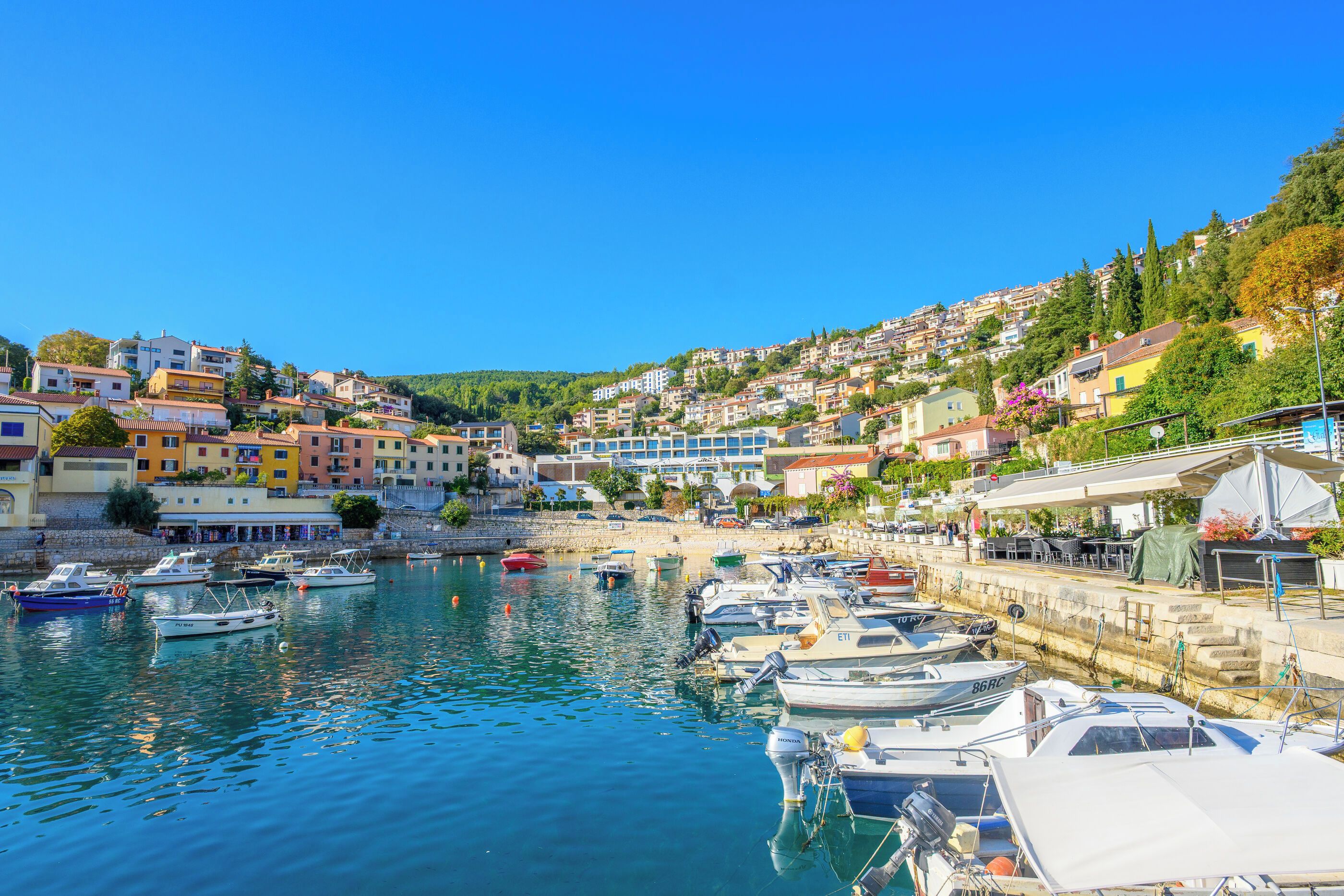 A coastal town with a marina filled with boats, colorful buildings, and a hillside with residential structures.