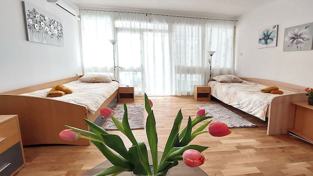 A modern bedroom with two single beds, a glass coffee table with tulips, and a large window with sheer curtains. - Apartment Oliva (Knin)