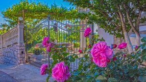 Un mur de pedra, una reixa de ferro forjat i roses roses en un jardí.