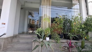 Una entrada de edificio con puerta de cristal, escalones de hormigón y varias plantas en macetas.