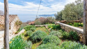 Un giardino con muretti in pietra, diverse piante e vista su montagne lontane.