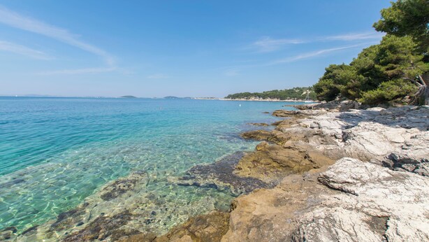 A rocky shoreline with clear water and distant land. - Apartments Sunce (Murter-Kornati)