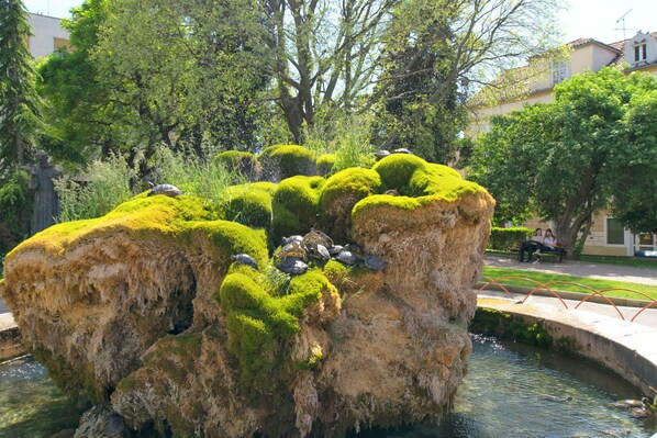 A moss-covered rock formation with turtles, surrounded by greenery and a water feature. - Apartments Diva (Sibenik)