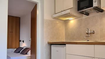 Apartment (A1) | Private kitchen | Fridge, microwave, stovetop, electric kettle