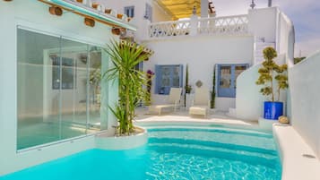 Un área de piscina con pared de vidrio, una palmera y un edificio blanco con contraventanas azules.