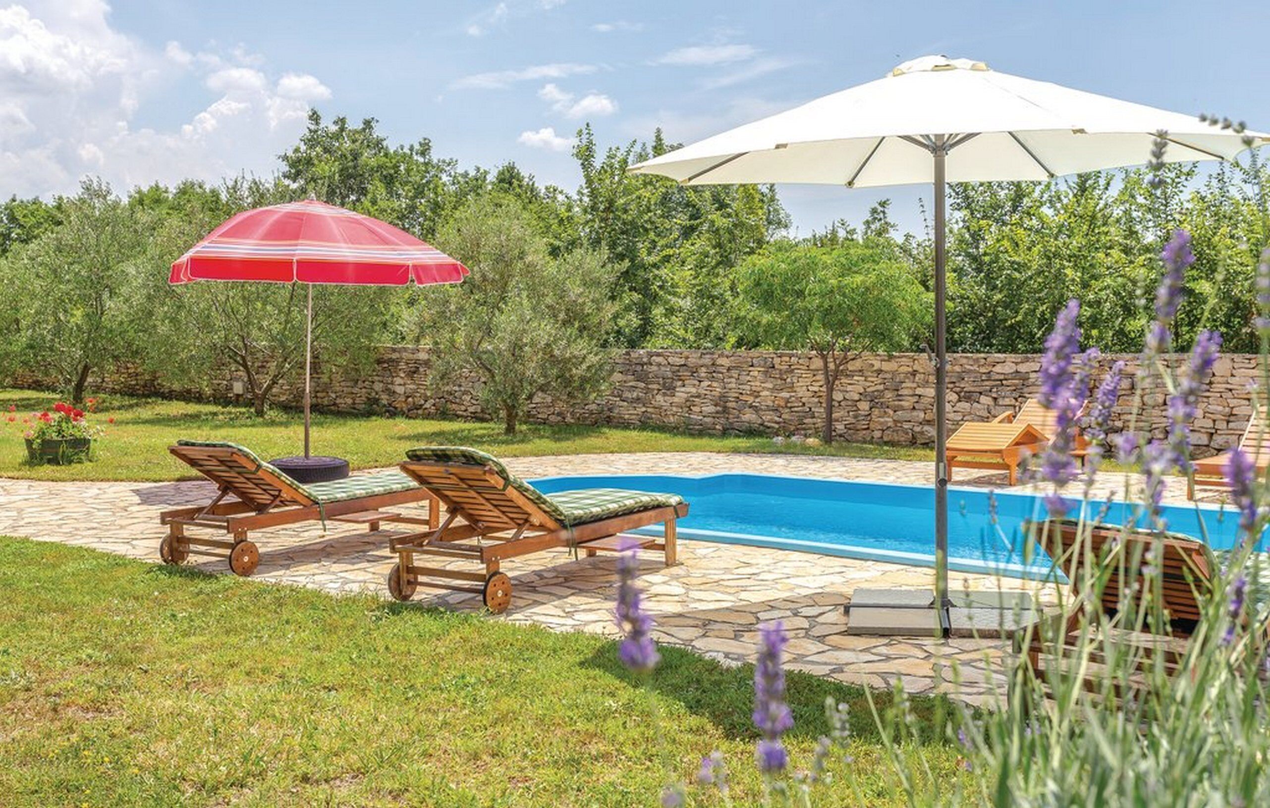 Ein Garten mit Schwimmbecken, zwei Liegestühlen und zwei Sonnenschirmen.