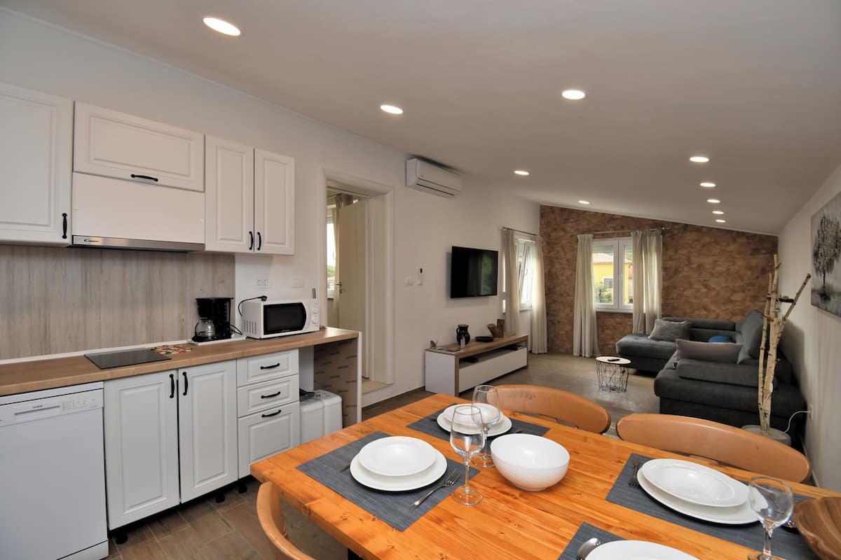 Apartment (A2) | Private kitchen | Fridge, microwave, oven, stovetop