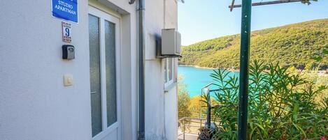 A building entrance with a sign indicating a studio apartment, a door, a mailbox, and a view of a body of water and hills.