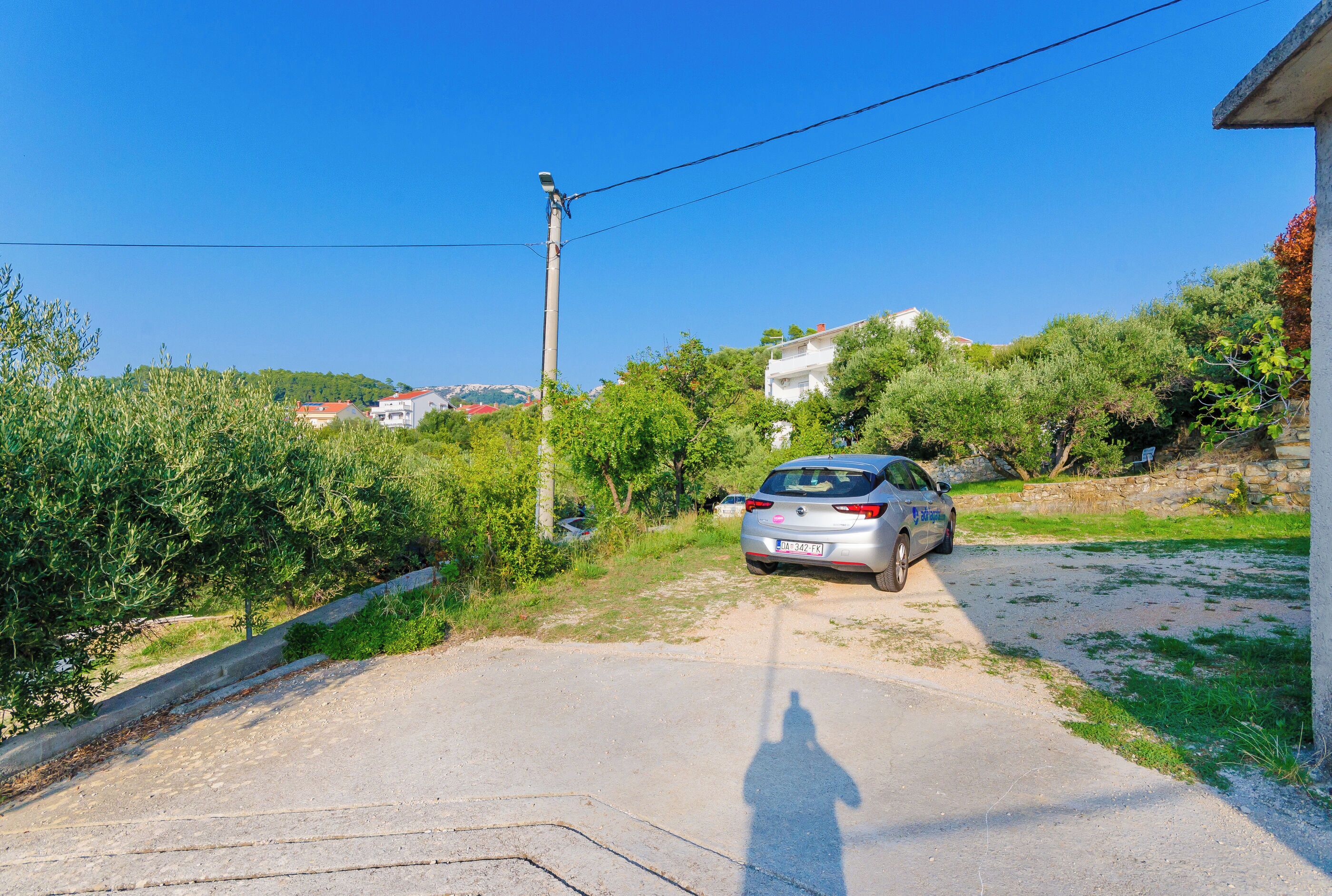 A residential street with a parked car, a utility pole, and greenery.
