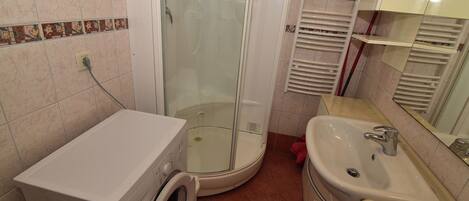 A compact bathroom with a glass-enclosed shower, a washing machine, and a sink.
