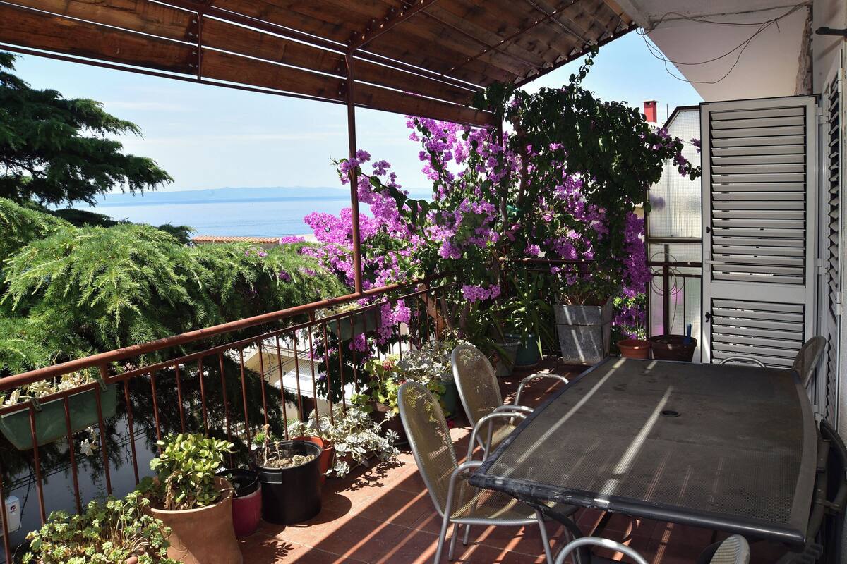 A terrace with a table and chairs, potted plants, and a view of the sea.