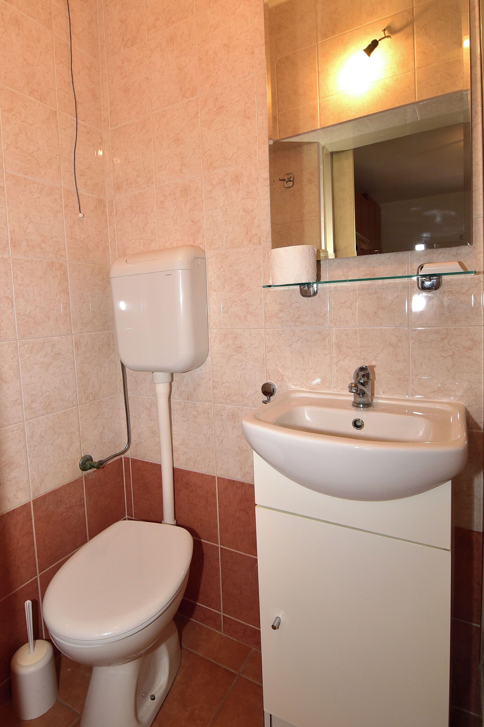Ein Badezimmer mit Toilette, Waschbecken und Spiegel.
