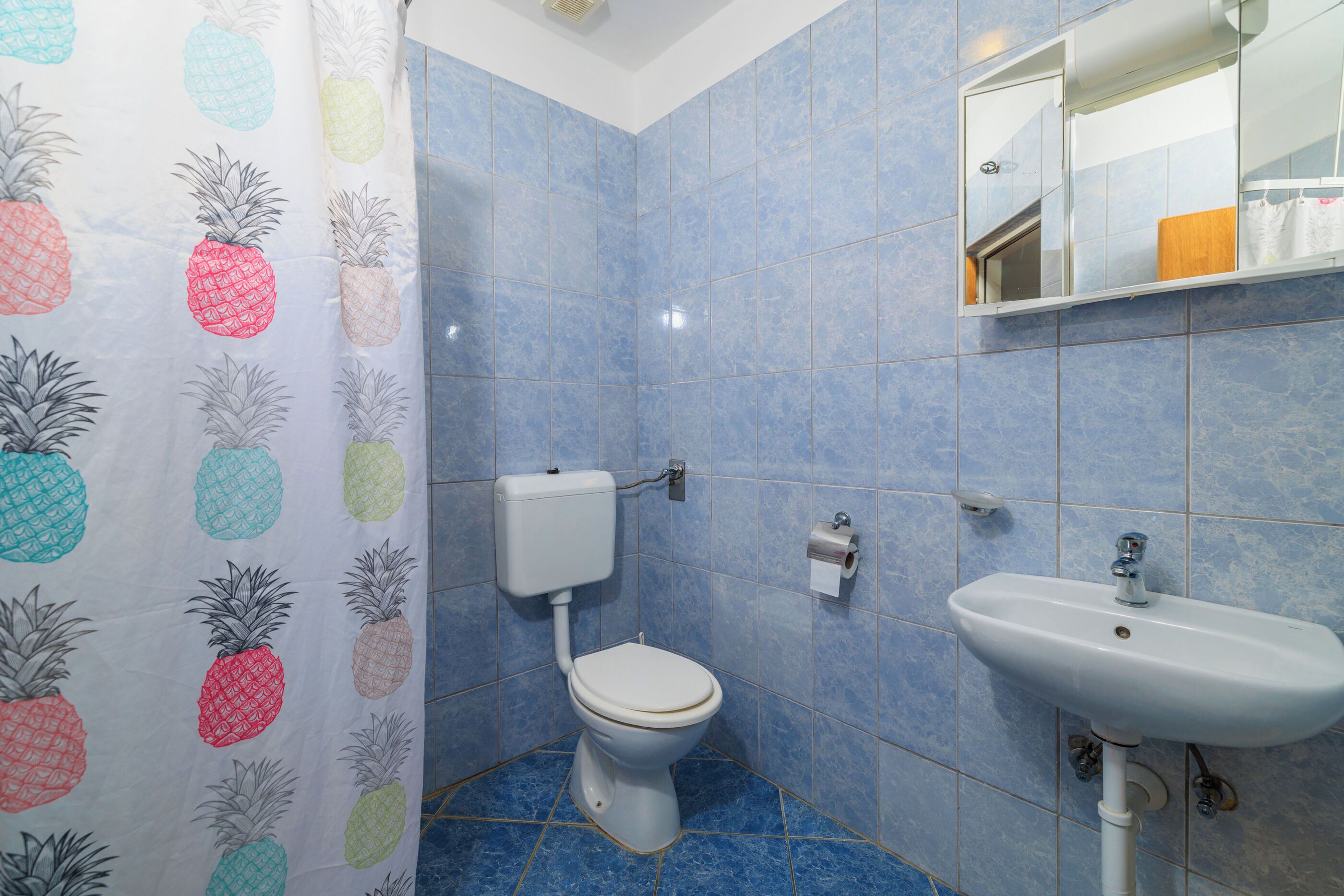 Een badkamer met blauwe tegels, een toilet, een wastafel en een douchegordijn met ananasprint.