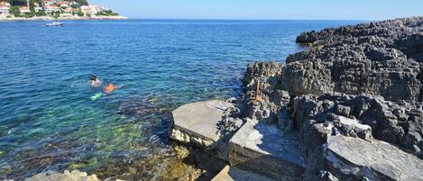 A rocky coastline with clear blue water, a person swimming, and a distant village.