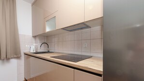 Une cuisine moderne équipée d’une cuisinière intégrée, d’un évier et d’un plan de travail.