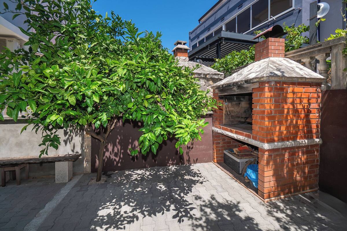 A brick outdoor oven, a stone bench, and a tree with green leaves.