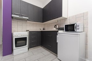 Apartamento (A1) | Cocina privada | Frigorífico, microondas, horno y placa de cocina