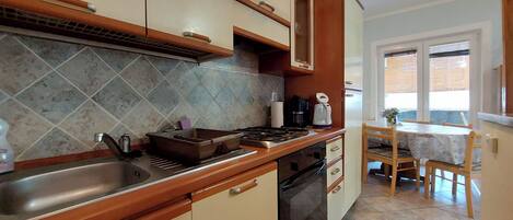 Apartment (A1) | Private kitchen | Fridge, microwave, oven, stovetop