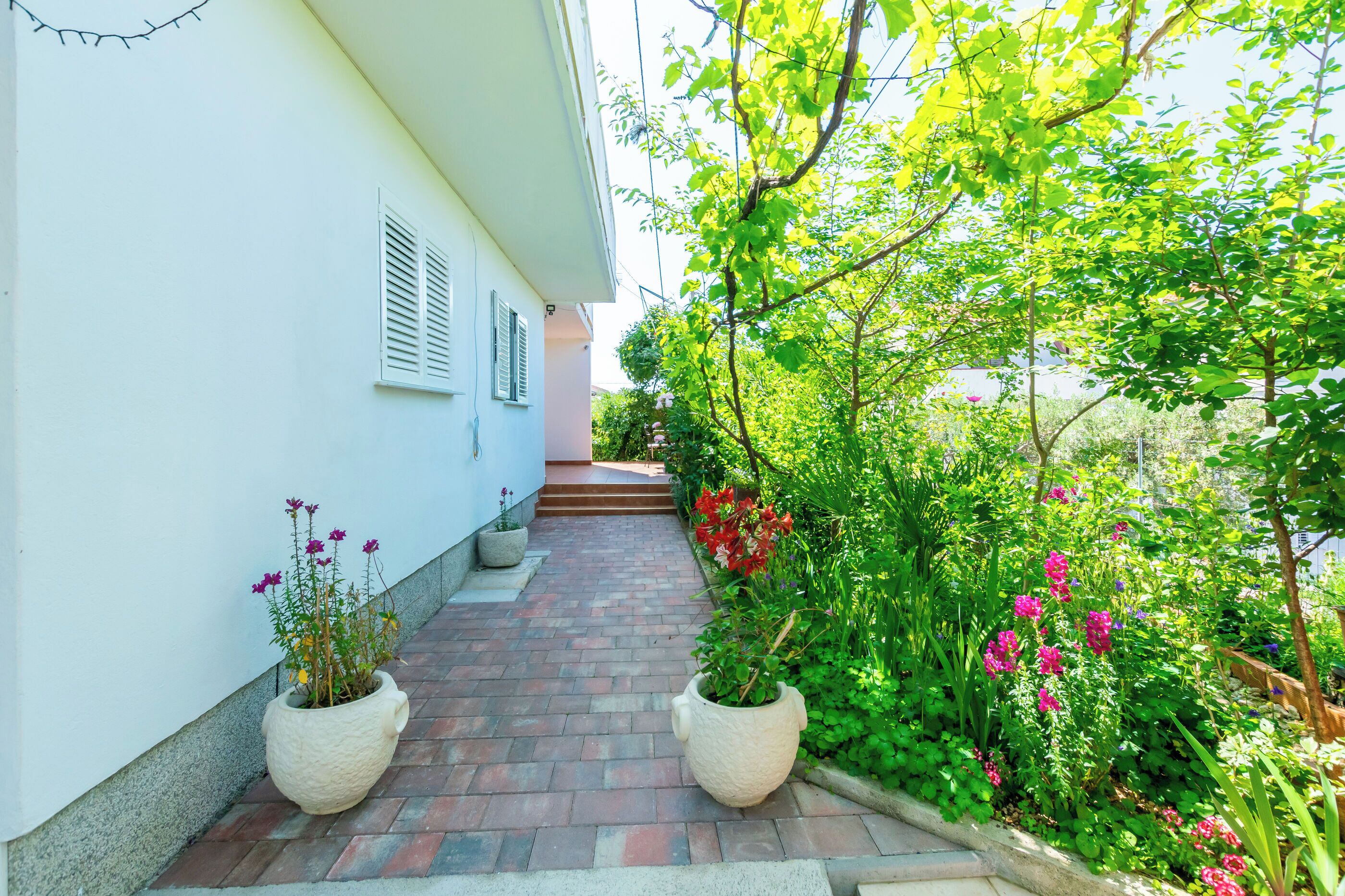 A pathway leading to a building with white walls and shutters, surrounded by lush greenery and flowering plants.