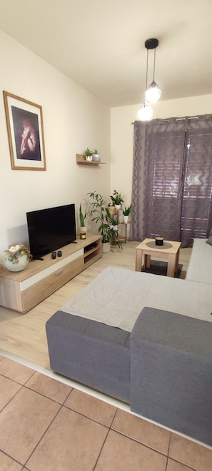 A living room with a flat-screen TV, a sofa, a coffee table, and a potted plant. - Apartment Meri (Lopar)