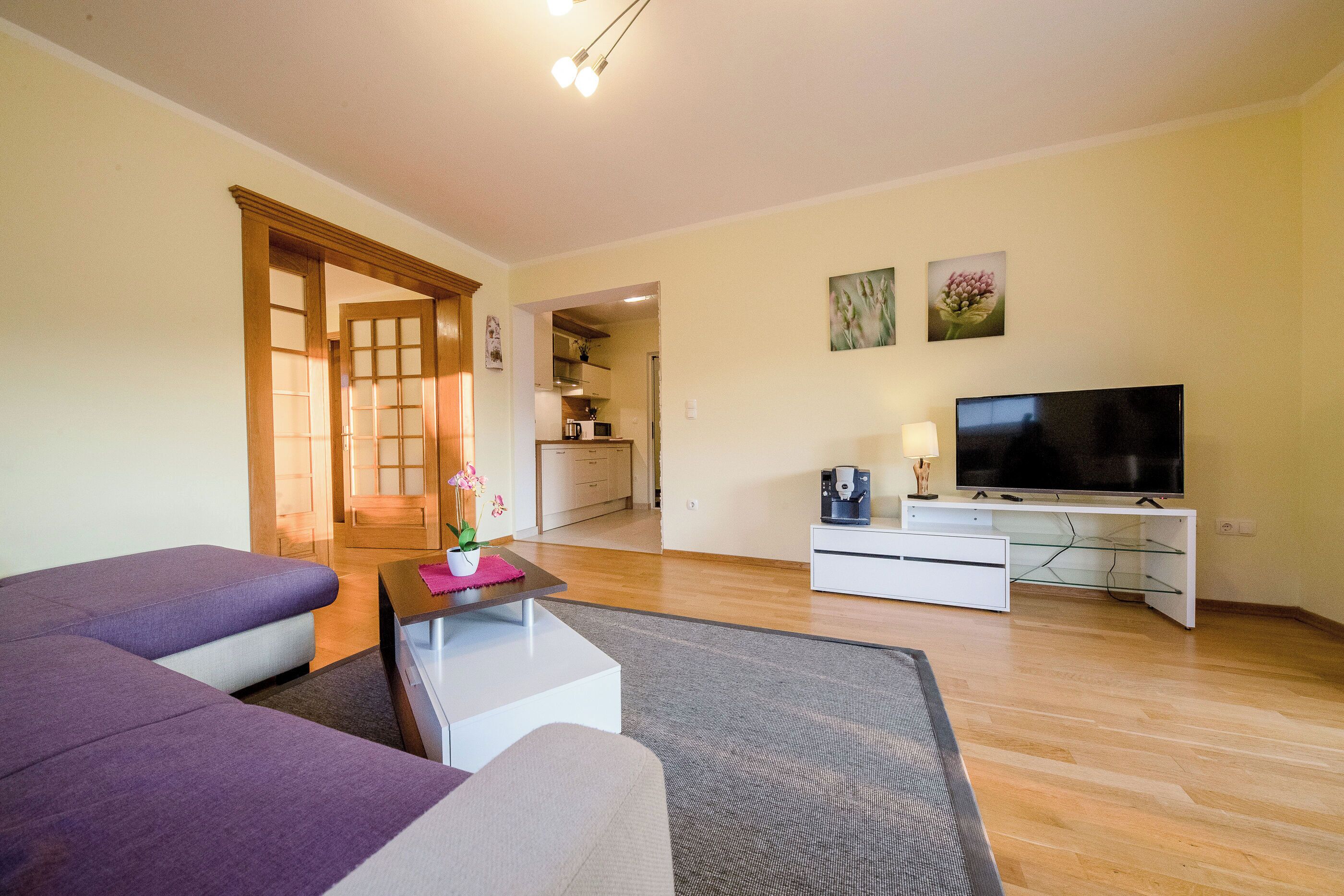 A living room with a sofa, a coffee table, a TV on a stand, and a kitchen in the background.
