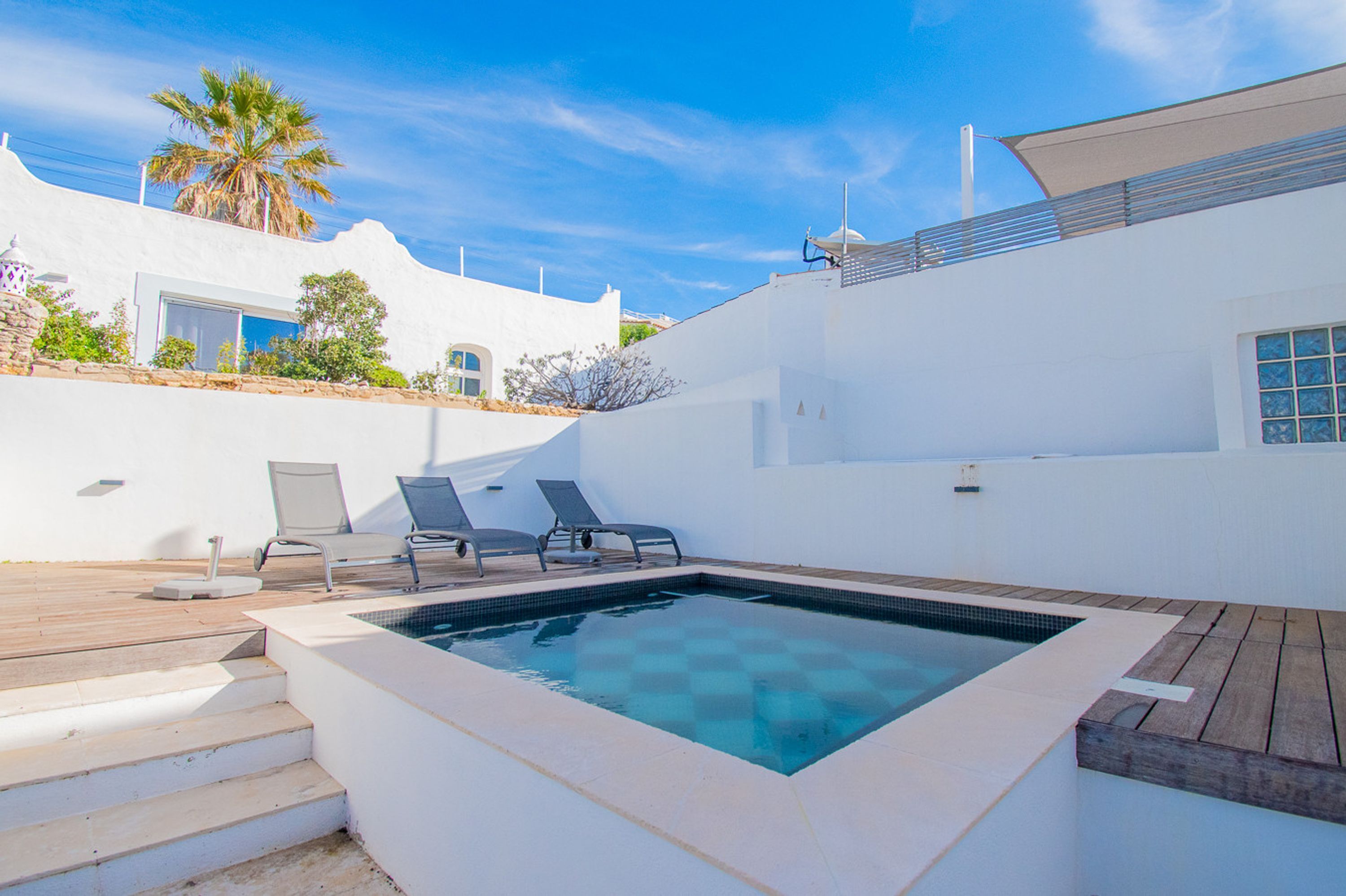 A modern outdoor swimming pool with lounge chairs, a wooden deck, and a white building with a palm tree.