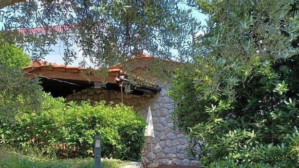 A garden pathway leading to a stone building with a red roof. - Apartment Lada (Crikvenica)