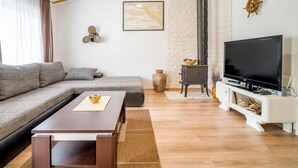 Ein modernes Wohnzimmer mit einer Couch, einem Fernseher, einem Kamin und einer Holzbalkendecke.