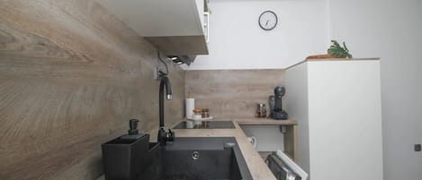 Apartment (A1) | Private kitchen | Fridge, microwave, oven, stovetop