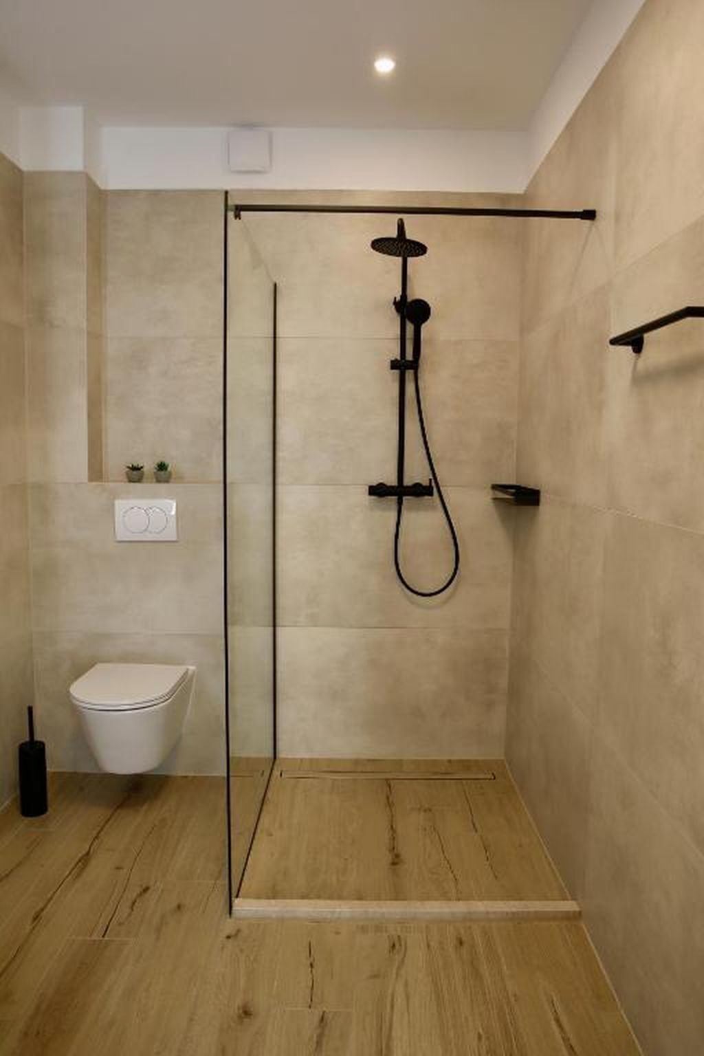 A modern bathroom with a glass shower enclosure, a toilet, and a small shelf with plants.